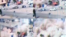 Binanın iş makinesinin üzerine çöktüğü anlar kamerada