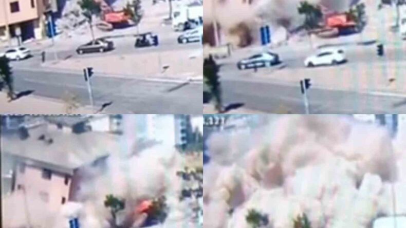 Binanın iş makinesinin üzerine çöktüğü anlar kamerada
