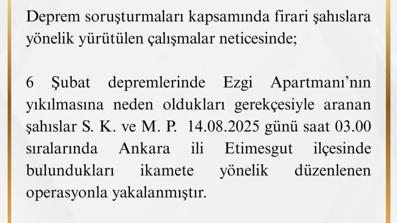 Ezgi Apartmanı Davasında Aranan 2 Şüpheli Yakalandı
